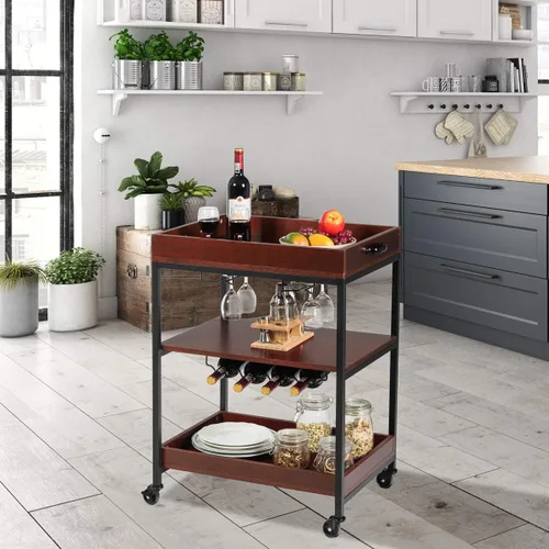 Vista 2 de Giantex Carrito de isla de cocina, carrito de estilo industrial con ruedas de 3 niveles, carrito de servicio, soporte de cocina de madera