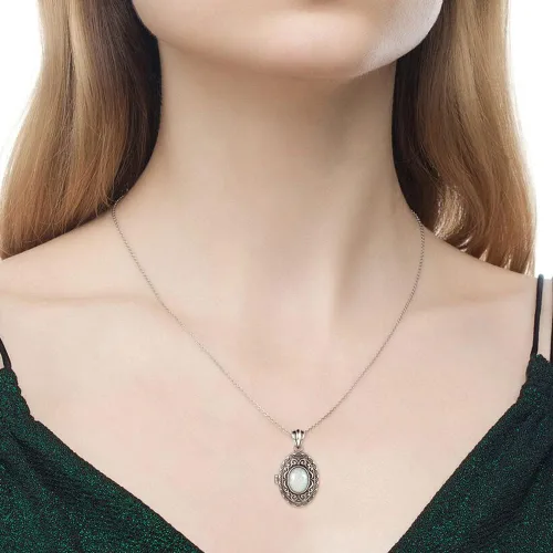 Vista 6 de MANBU Collar con medallón de plata de ley para mujer colgante de medallón de ópalo ovalado que sostiene fotos siempre contigo fotos