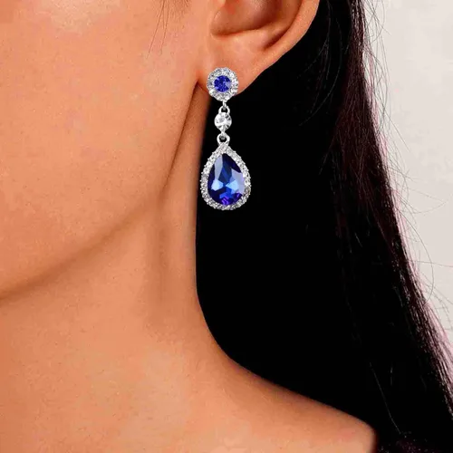 Vista 7 de Aretes colgantes de cristal de zafiro vintage, aretes de gota de zafiro azul, aretes de zafiro con lágrima, aretes colgantes de plata con circonita