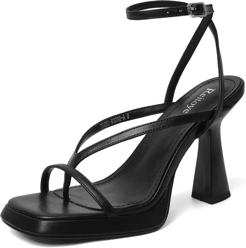 Vista 18 de Reitoye Tacones de tiras para mujer, con plataforma, tacones altos y gruesos, sandalias de tacón cuadrado con puntera abierta, correa de tobillo