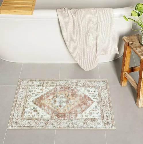 Vista 14 de Uphome Alfombra de Baño Azul Boho Desgastada Alfombra de Baño Oriental Suave de Pelo Largo Antideslizante Alfombra de Baño Lavable a Máquina Vintage