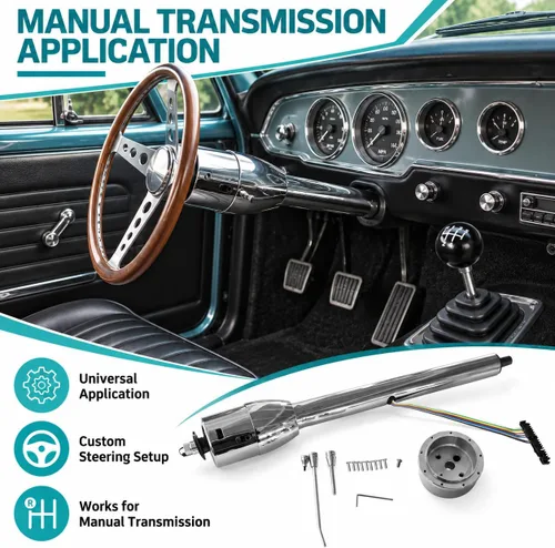 Vista 6 de Columna de Dirección Manual de Inclinación Cromada de 28'' con Adaptador de Rueda Sin Llave Hot Rod GM Columna de dirección cromada de 28" sin llave