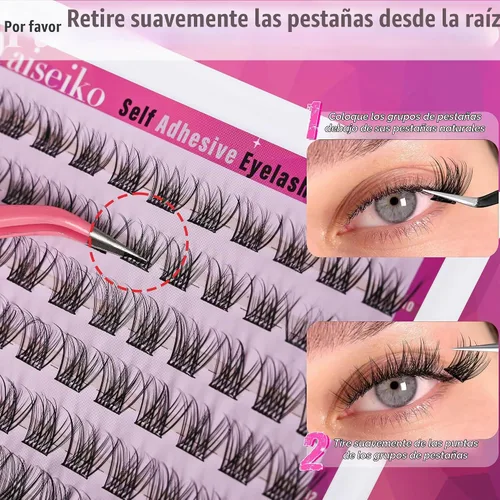 Vista 4 de Kit de extensiones de pestañas autoadhesivas en racimo, pestañas para colocar uno mismo, pestañas pre-pegadas, sin necesidad de pegamento, pestañas
