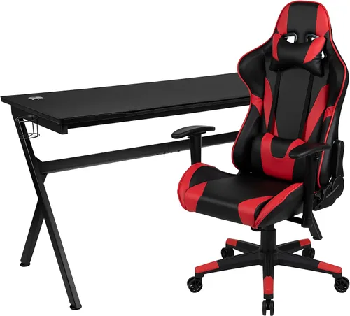Vista 20 de Flash Furniture Juego de escritorio para juegos negro y silla de carreras blanco/negro con soporte para tazas, gancho para auriculares y soporte