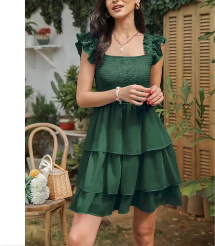 Vista 4 de Byinns Vestido corto sin mangas con cuello cuadrado para mujer, cintura alta, espalda descubierta, escalonado, con tirantes fruncidos, estilo casual
