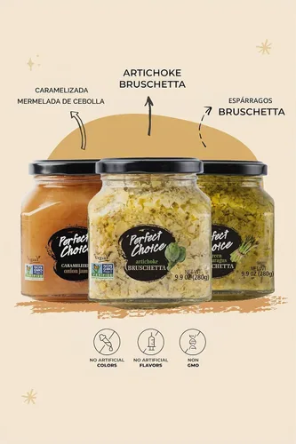 Vista 2 de Perfect Choice Paquete Variado con Deliciosa Bruschetta de Alcachofa, Bruschetta de Espárragos Verdes y Cebolla Caramelizada - Pasta para Untar