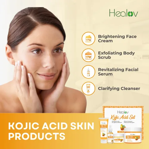 Vista 2 de Set de cuidado de la piel de ácido kójico – Jabón limpiador de jabón kójic, exfoliante corporal, crema facial y suero facial iluminador