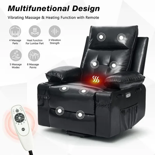 Vista 5 de Silla reclinable eléctrica para personas mayores con masaje y calor, piel sintética, reclinable eléctrico con puertos USB, portavasos, bolsillos