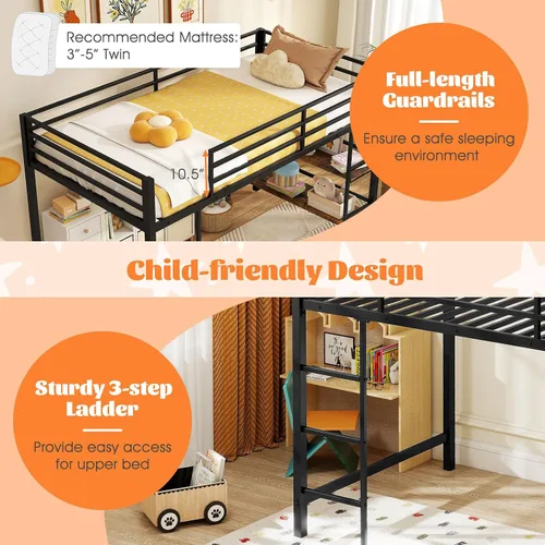Vista 7 de Giantex Cama baja tipo loft tamaño individual, marco de metal resistente con estantes de almacenamiento, escalera y barandillas de longitud