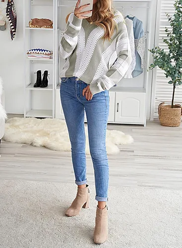 Vista 3 de EVALESS Suéteres para mujer, manga sexy, cuello en V profundo, casual, tejido a rayas