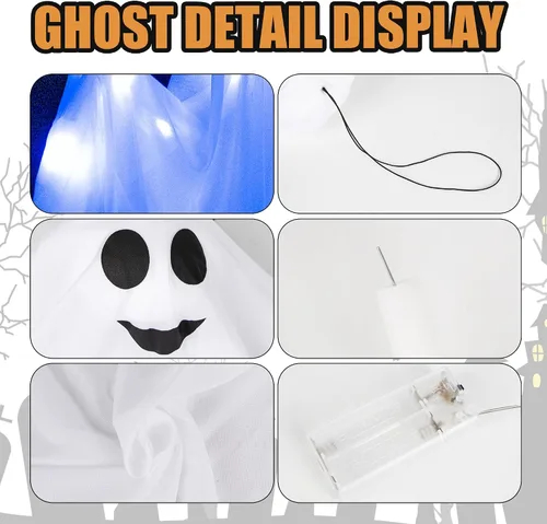 Vista 2 de Paquete de 4 decoraciones de fantasmas colgantes de Halloween, fantasmas flotantes espeluznantes iluminados de 27.5 pulgadas con LED azul, casa