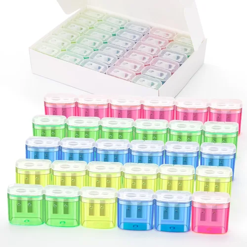 Vista 10 de 24 piezas de sacapuntas manual pequeño de 2 agujeros con tapa, sacapuntas manuales de doble agujero para lápices de colores a granel, sacapuntas
