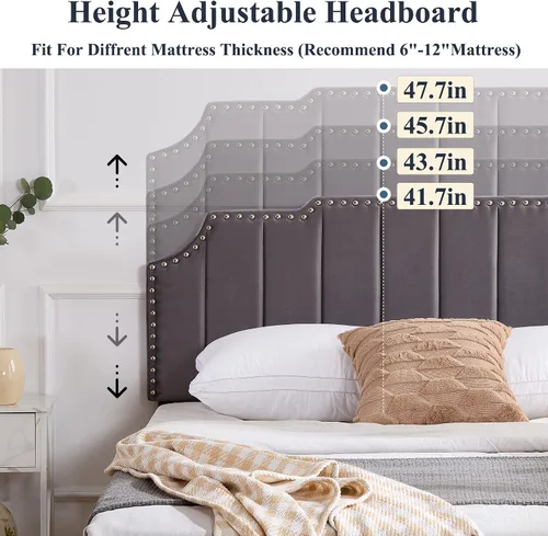 Vista 5 de VECELO Base de cama tapizada tamaño Queen con cabecera ajustable copetuda, base de colchón, soporte de listones de madera, fácil montaje, gris oscuro
