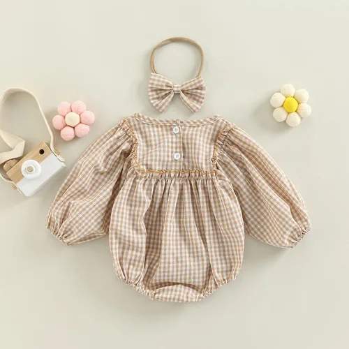 Vista 7 de Douhoow Mameluco a cuadros para bebé niña, sudadera con volantes, ropa para festivales de otoño e invierno con diadema