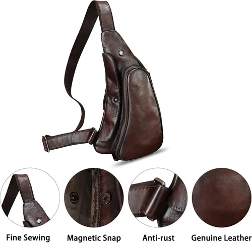Vista 2 de Bolso de cuero genuino para mujeres y hombres, mochila de cuero retro para el pecho, bolso cruzado, Café