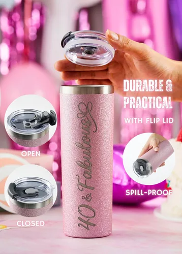 Vista 4 de Onebttl Regalos de cumpleaños número 40 para mujeres, mujeres, ella, 40 y fabuloso, vaso aislado de acero inoxidable con purpurina de 20 onzas