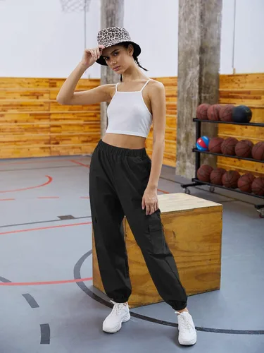 Vista 5 de SweatyRocks Pantalones cargo de entrenamiento con cordón en la cintura para mujer con bolsillos