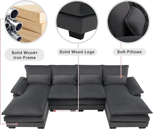 Vista 5 de Moderno sofá modular en forma de U con almohadas para la cintura, sofá cama con diván, sofá tapizado simétrico de felpilla de 6 asientos para sala