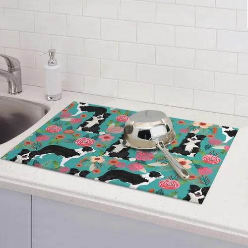 Vista 6 de Tapete de secado de platos para encimera de cocina, tapete escurridor antideslizante Border Collie Florals, almohadilla de secado de platos