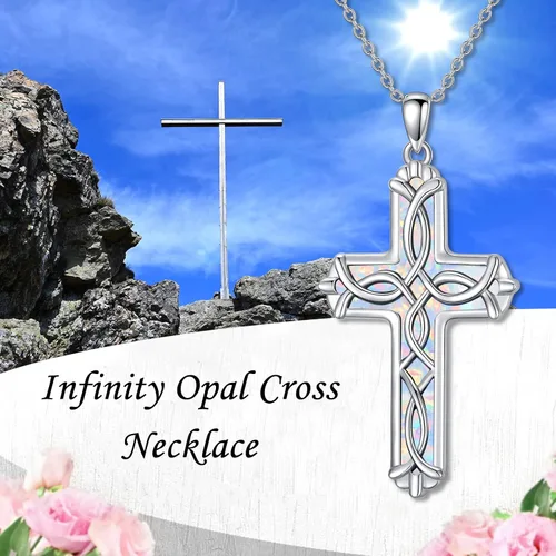 Vista 2 de WINNICACA Collar de cruz de ópalo para mujer, plata de ley 925, colgante de cruz infinita, regalo de joyería de ópalo para mujeres y niñas