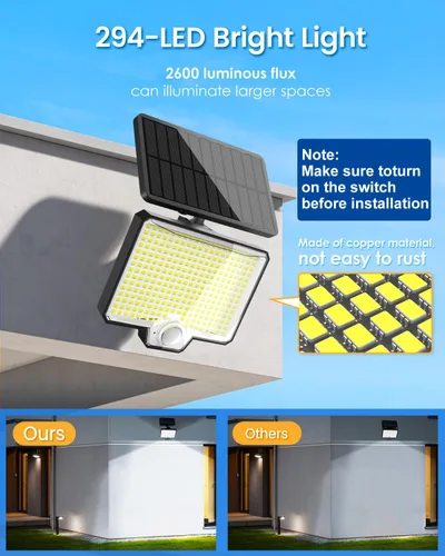 Vista 3 de AUDERWIN 294 Luces LED Exteriores Solares Divididas con Sensor de Movimiento, Luces de Inundación Solares de 2600Lm, IP67 Impermeables, Luces
