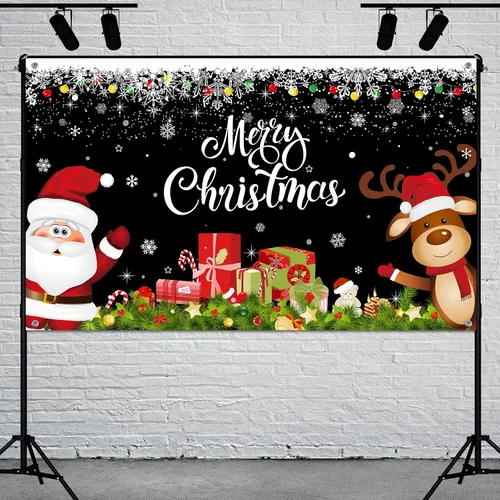 Vista 4 de Irenare Pancarta de Navidad telón de fondo de Papá Noel, reno y Feliz Navidad, cartel interior para Navidad, fiesta de vacaciones, cabina de fotos