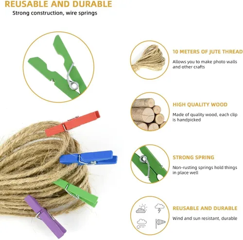 Vista 5 de 150 clips de pared para colgar fotos, manualidades, oficina, hogar, póster, bandera, resortes fuertes, pasadores de ropa pequeños, pinzas de madera