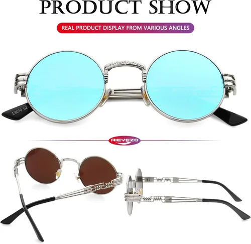 Vista 6 de AIEYEZO Gafas de sol redondas steampunk Circle Lennon Hippie, marco de metal, lente de bloqueo UV 100%