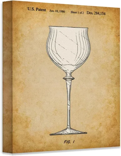 Vista 4 de Vintage Wine Glass Patent Drawing 1986 Stemware Illustration Antique Parchment Artwork Oak Frame Ready Hang for Home Bar Kitchen Dining Room Wine