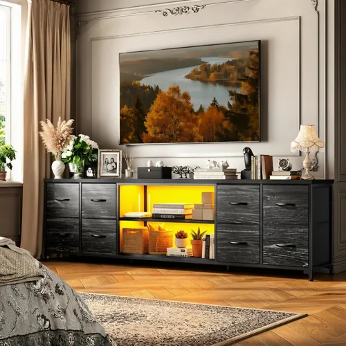 Vista 2 de Soporte de TV de 63" de ancho para 65 75 pulgadas con luces y tomas de corriente, soporte de TV para dormitorio con 8 cómodas de tela y cajoneras