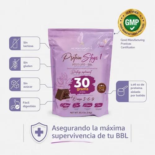 Vista 2 de MI NUEVA SILUETA Post BBL Stage 1 Proteína médica con Omega 3, 6 y 9. Mejorada con 1.06 oz de proteína aislada por batido + colágeno (chocolate)