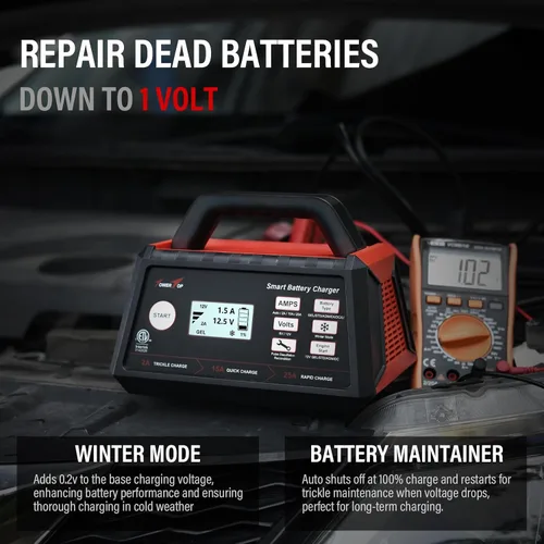 Vista 3 de TowerTop Cargador de batería de coche de 2/15/25 amperios, mantenedor de batería inteligente completamente automático de 6 V/12 V con arranque