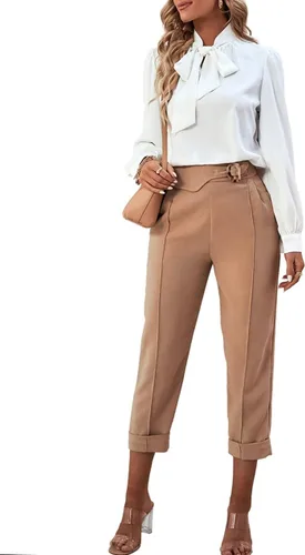 Vista 6 de Rooscier Blusa elegante de gasa de manga larga con lazo para mujer