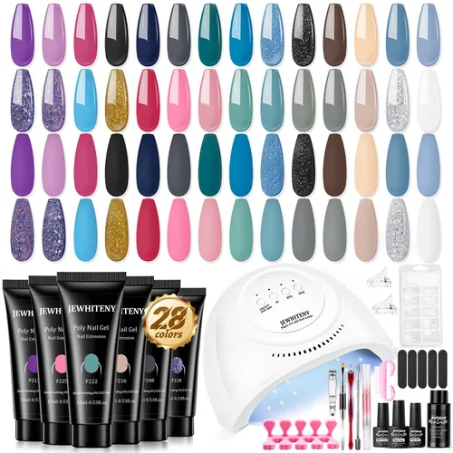 Vista 11 de JEWHITENY - Kit de uñas de gel poli con lámpara UV, 14 colores en tonos púrpura, desnudo, gris, negro, azul y purpurina, kit de iniciación con capa