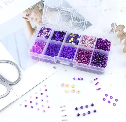 Vista 5 de 1 caja de cuentas mixtas para manualidades, incluyendo perlas de cristal de semilla de corneta, cuentas de lentejuelas semicuponadas