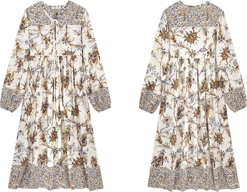Vista 6 de R.Vivimos - Vestido por debajo de la rodilla de estilo bohemio para mujer, vestido de manga larga, con estampado floral retro y cuello en V con borla