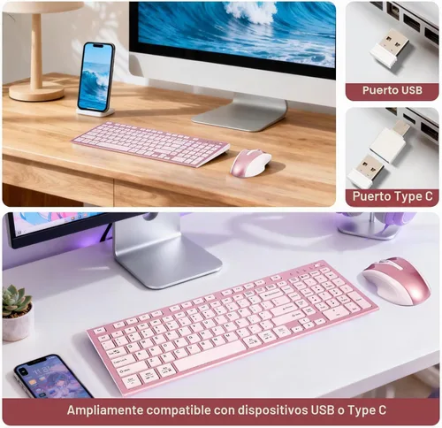 Vista 5 de Juego de teclado y mouse inalámbricos, 2.4G USB silencioso ultrafino compacto de tamaño completo, compatible con PC, Windows, Mac, MacBook (oro rosa)
