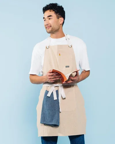 Vista 4 de Delantal de cocina de lino Caldo para cocinar - Delantal con peto de lino para hombres y mujeres para chef profesional, camarero o barista - Hueso