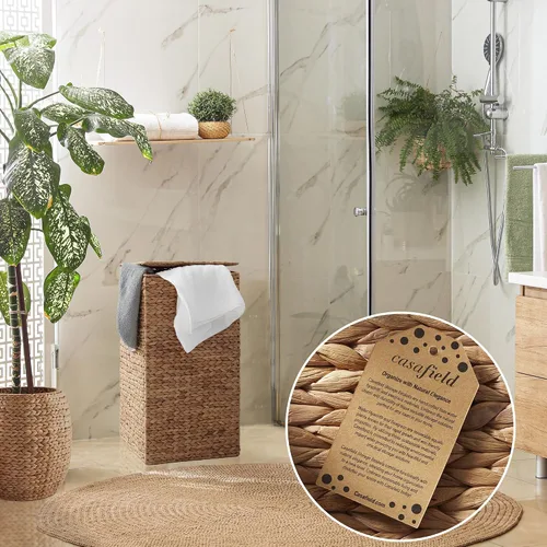 Vista 2 de Casafield Canasta para la Ropa Sucia con Tapa y Bolsa Extraíble - Canela, Canasta Cuadrada Tejida de Jacinto de Agua para Organizar Ropa y Toallas
