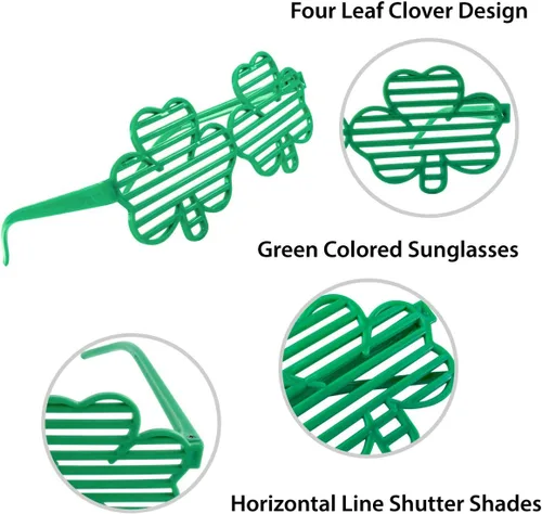 Vista 6 de St. Patricks Day Shamrock Four Leaf Clover Green Lucky Plastic Shutter Glasses, Shades, Sunglasses, Party Props