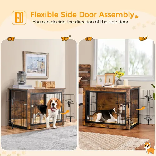 Vista 5 de Yaheetech 32" Mesa auxiliar de jaula para perros con cojín, jaula de madera para perros con puertas dobles/pies ajustables, mesa auxiliar lateral