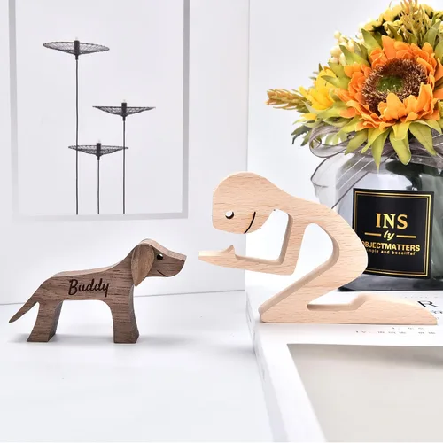 Vista 3 de Estatuas personalizadas de madera con nombre grabado, esculturas de humanos y perros