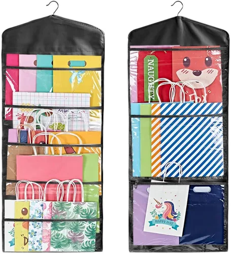 Vista 12 de ProPik Organizador de almacenamiento colgante de doble cara para bolsas de regalo con múltiples bolsillos delanteros y traseros, organiza tu papel