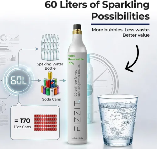 Vista 4 de FIZZIT - Cilindro de CO2 roscado de 60 litros – Recipiente recargable de 60 litros compatible con todas las corrientes de soda "atornilladas