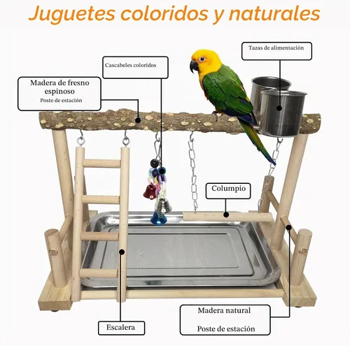 Vista 5 de PINVNBY Parque infantil para pájaros, soporte de madera para ejercicio, perca, gimnasio, escalera, con comedero, columpio, juguetes para periquitos