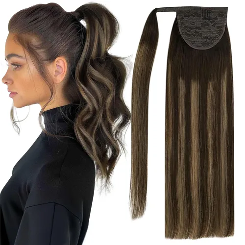 Vista 10 de Extensiones de cabello Full Shine con clip para cola de caballo, cabello humano, tonos medios marrones y rubio miel, envoltura alrededor de la cola