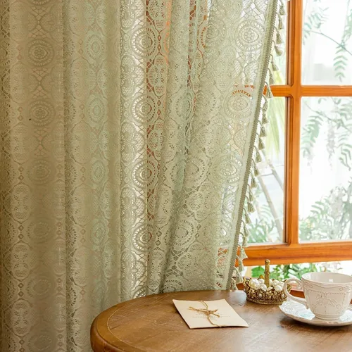 Vista 50 de YJ YANJUN - Cortinas de café boho, 24 pulgadas de largo, 2 paneles, cada una de 59" de ancho x 24" de largo, beige, con crochet, cortinas de cocina