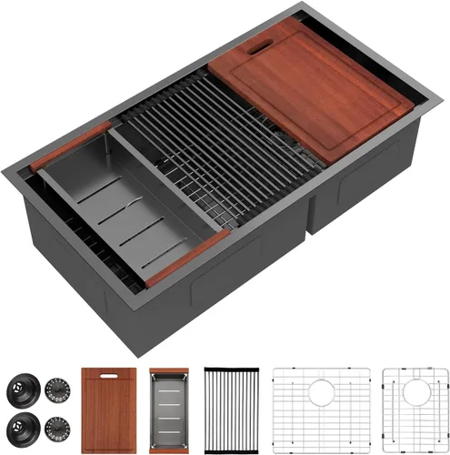 Vista 22 de Sarlai Fregadero de Cocina Dorado Bajo Encimera de 33 Pulgadas Doble Tazón 33 x 19 Pulgadas Bajo Dividido Dorado Estación de Trabajo Fregadero Doble