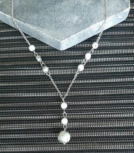 Vista 5 de Natural Crystal Bead Lotus Jasper Stone Y Shaped Lariat Necklace Non-Tarnish Steel Chain