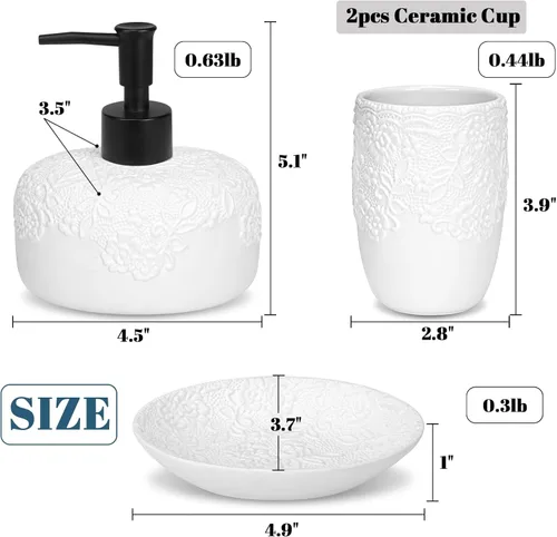Vista 5 de Juego de accesorios de baño, 4 piezas de cerámica con diseño en relieve, dispensador de jabón de baño de 13.5 onzas y 2 vasos de cerámica, 1 jabonera